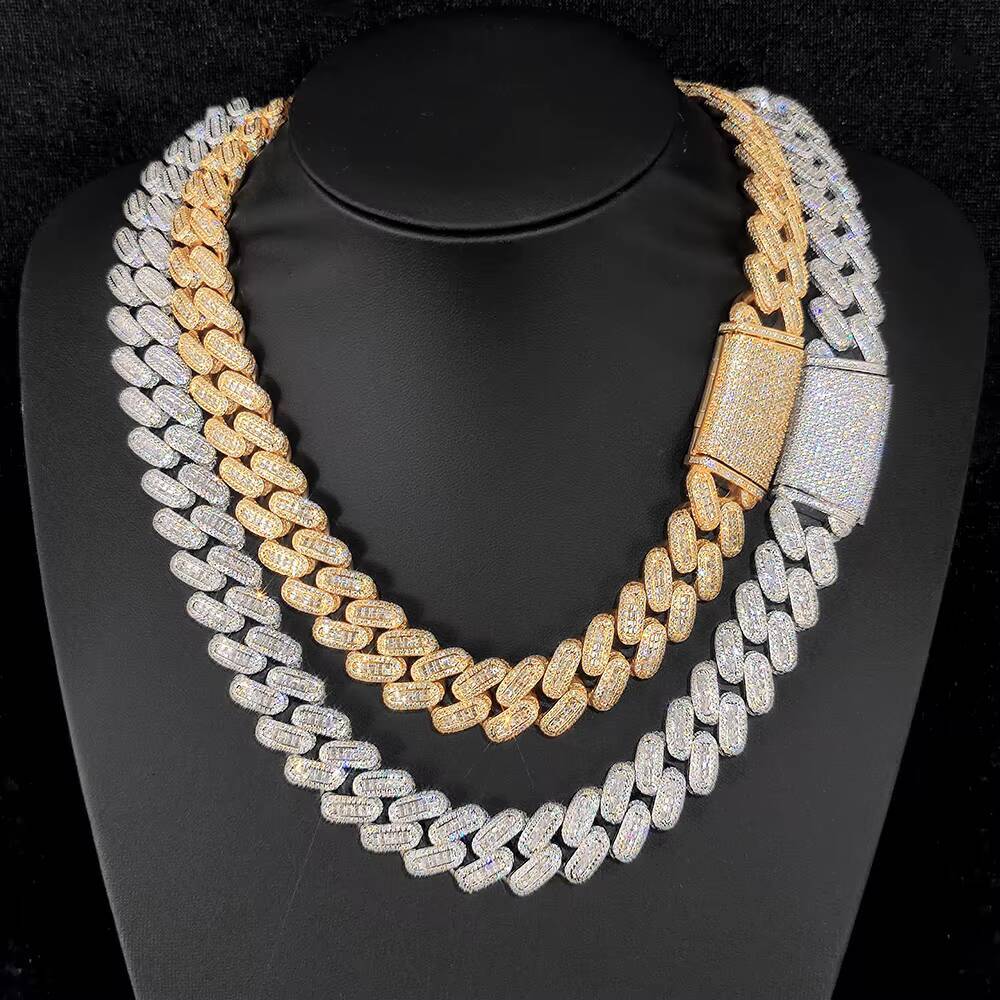 Nuoya Custom Cuban Link Chain Necklace for Men 18mm Iced Baguette Diamond Hiphop Style Gold Plated Cuban Chain Rappers Jewelry