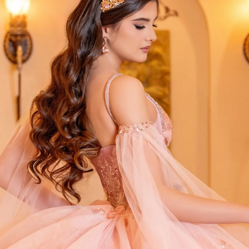 Pink Shiny Princess Ball Gown Quinceanera Dresses Spaghetti Strap Sequin Appliques Flower Beads Tull Sweet 16 Dress vestidos 15 Anos
