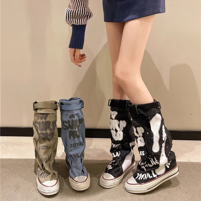 Womens Spring Graffiti High Canvas Boots Round Head Middle Follow Anti-slip Boots Women Leisure Fashion Rubber Sole Botas Mujer 250729