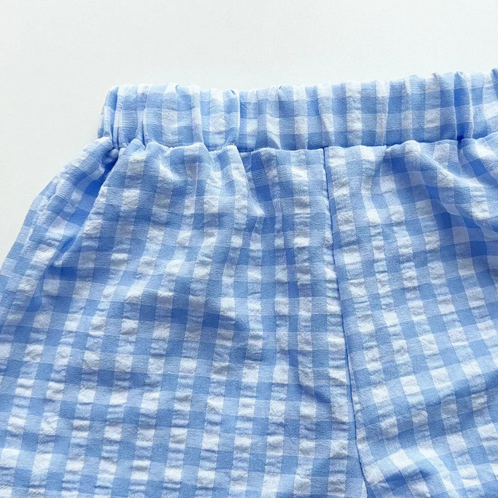 Blue and White Grid Fresh Casual Girls Clothing Lace Sleeveless Single Breasted Vestwide Leg Pants Two-piece Set for Summer 250729