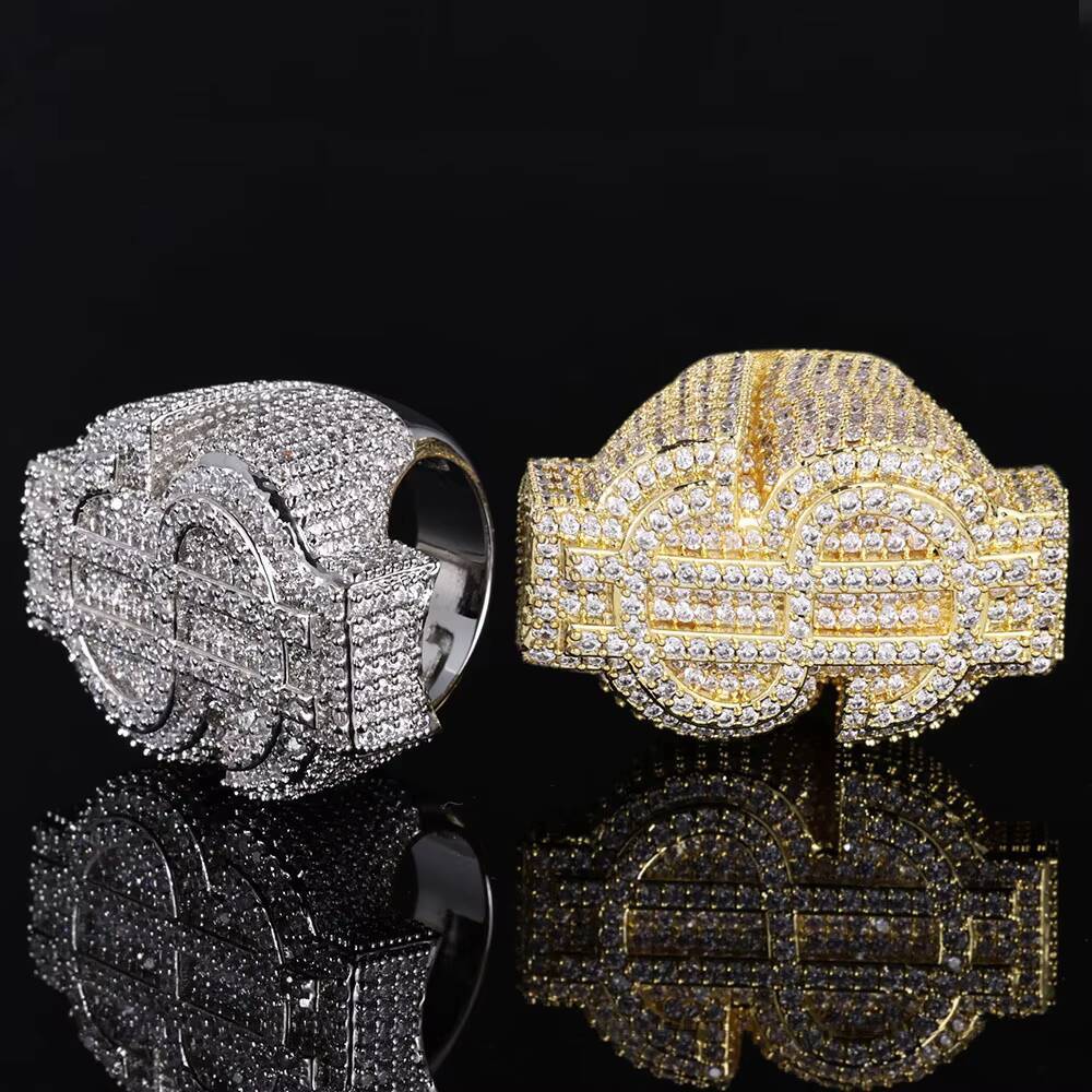 NUOYA Womens Trendy Fine Silver Plated Dollar Sign Ring Full Pave Iced Out Diamond Ring Hip Hop Party Jewelry