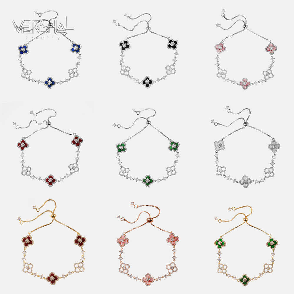 Sier Lucky Red Four-Leaf Flower INS Style Copper Gold-Plated Pull Necklace Bracelet Set