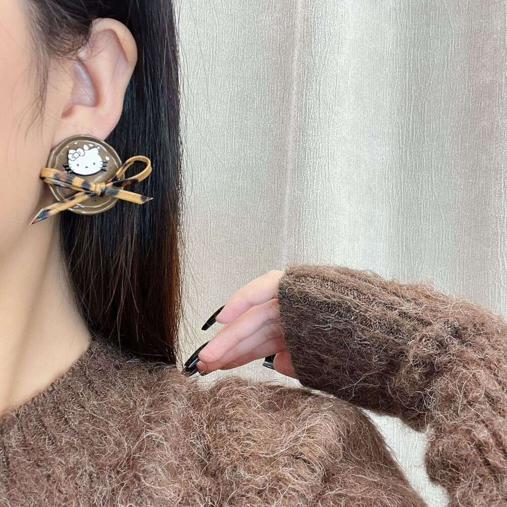 Autumn Winter New Round Cat Leopard Print Bow Fashion Sweet Cute Korean Style High-end Earrings for Women 281