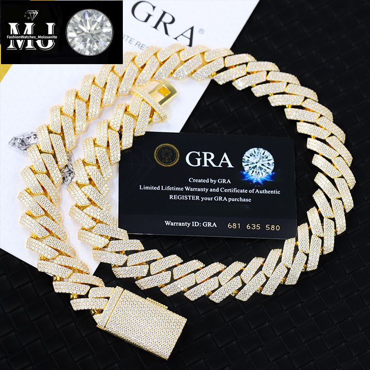 moissanite cuban k chain Hiphop 20mm Sier Yellow Gold Plated Vvsmoissnaite Cuban Chain Necklace man