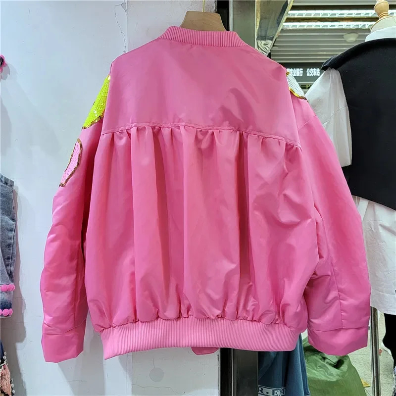 Spring Women Fashion Ruffled Patchwork Diamond Sequin Flowers Baseball Jacket Stand Collar Long Sleeve Bomber Coat Female Casual 250730
