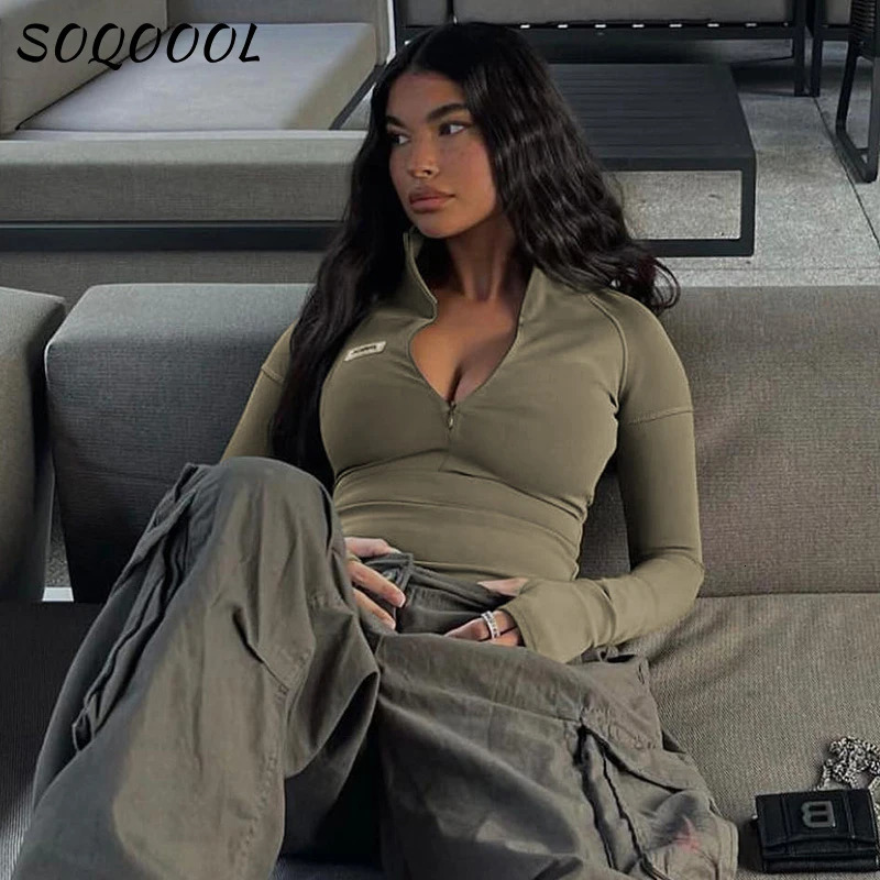 2K Long Sleeve TShirt Women Stand Collar Skinny Zip Crop Tops Pullover Casual Basic Tees Streetwear Sexy Female Clothes 250729