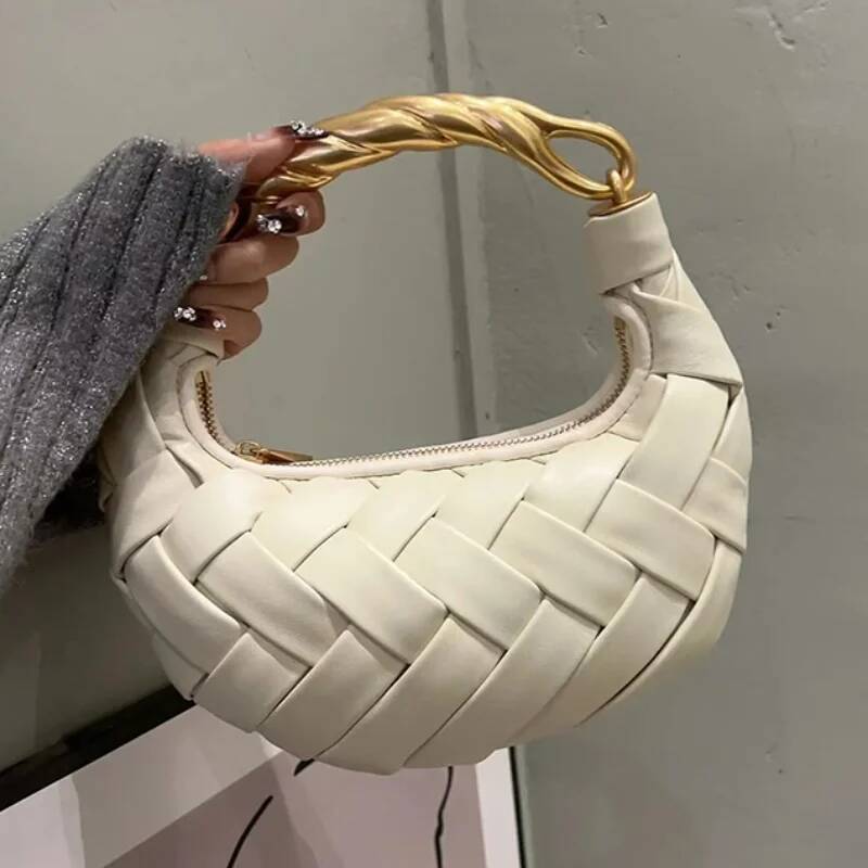 Hand-Woven Gold Handle Bird Nest Exquisite Brand Niche Designer New Cream White Half-Moon Shoulder Messenger Bag