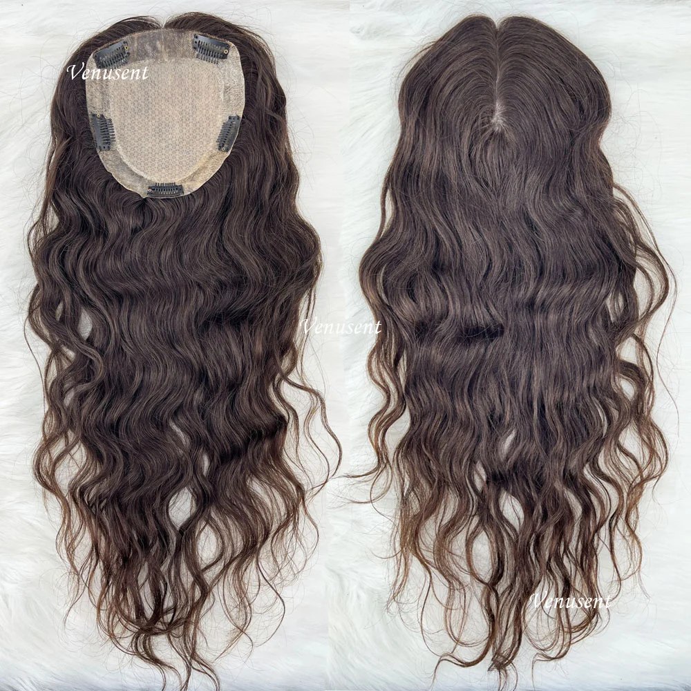 Dark Brown Silk Base Human Hair Topper with Clips in Virgin European Hair Natural Wave Silk Top Women Toupee for Thinning Hair
