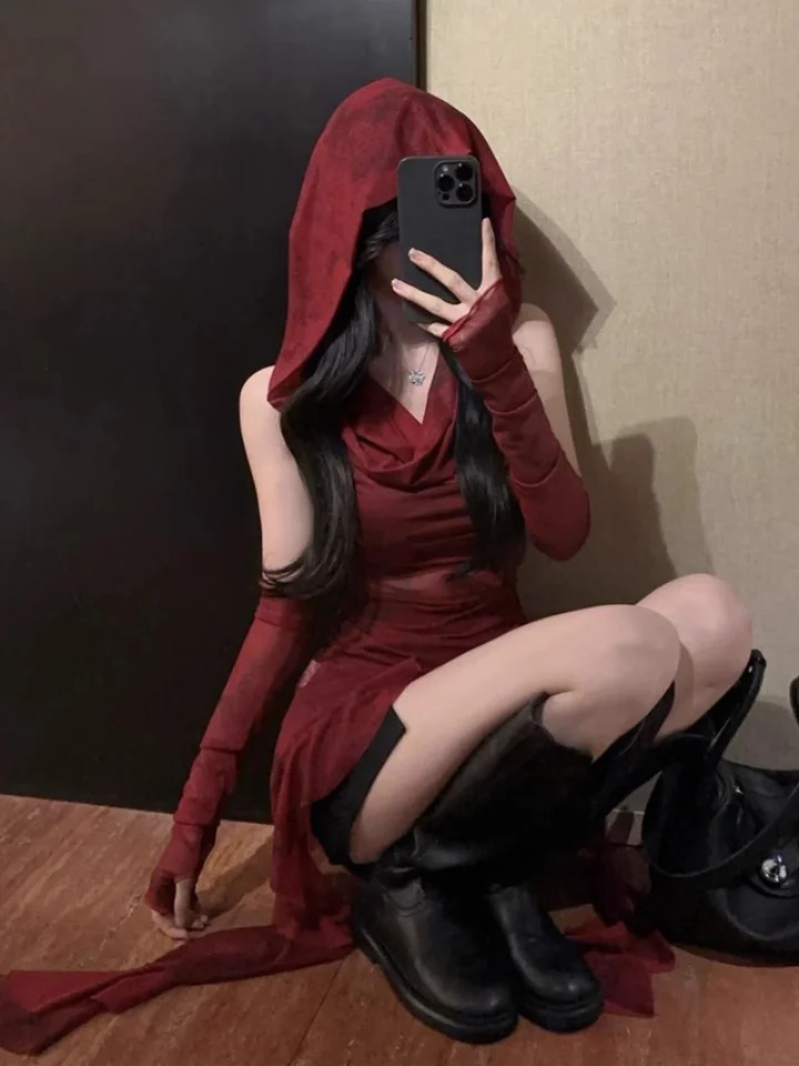 Red Mesh See Through Top Streetwear Hooded Tshirt Irregular Ruffle Oversleeve Tops for Women Sexy Y2k Clothing 250729