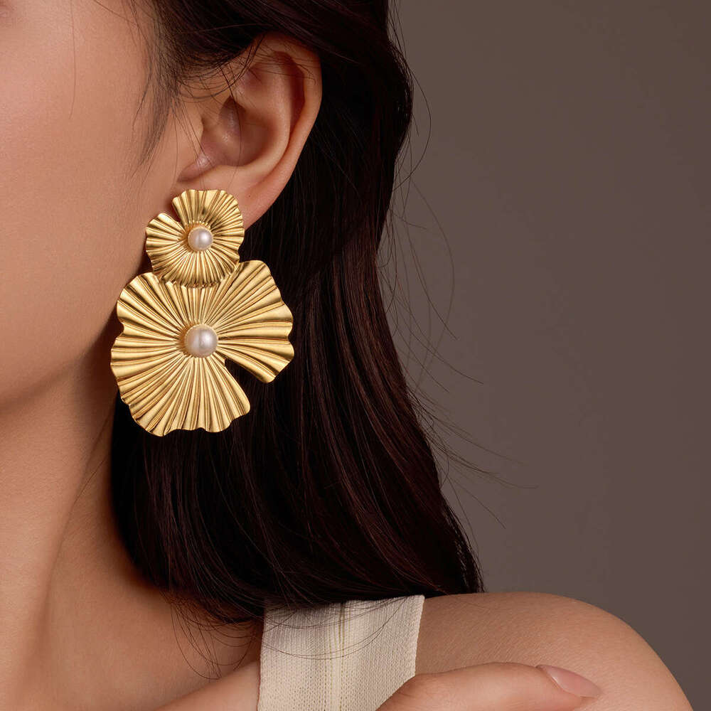 Hot Sale New Double Ruffle Earrings Gold High-end Feel Ear Jewelry Stainless Steel Accessories for Women