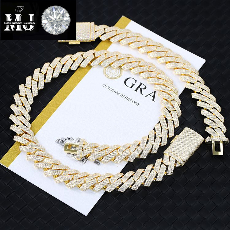 moissanite cuban k chain Hiphop 20mm Sier Yellow Gold Plated Vvsmoissnaite Cuban Chain Necklace man