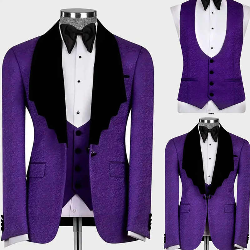 Purple Mens Jacket Suits For Wedding Unique Lapel Groom Tuxedos Party Birthday Formal Wear 2 Pieces With Black Pants Customized