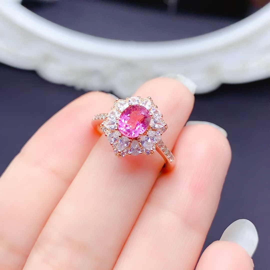 6mm*5mm Natural pink Tourmaline Ring for Engagement real 925 Silver Tourmaline with thick 18K gold plating keep shining