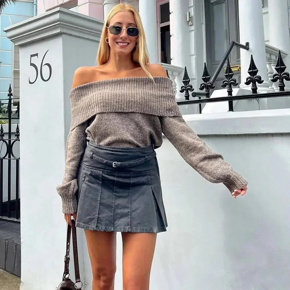 Womens Fashion Solid Off Shoulder Sweaters Casual Long Sleeve Folded Slim Fit Pullover Autumn Female Sexy Knitted Tops 250723