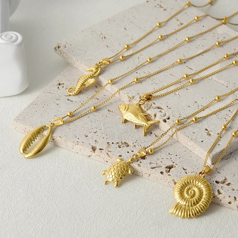 1Pc Temperament Fashion Summer Beach Blue Marine Life Sea Horse Shell Turtle Mini Fish Bead Necklace Classic Clavicle Chain 250716
