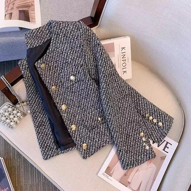Winter Vintage Tweed Jacket Small Cardigan Female Korean Short Fragrance Joint Elegant Woolen Coat 250730