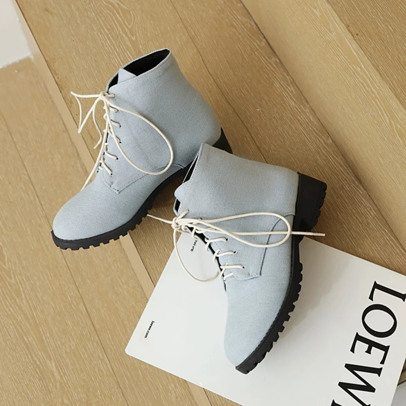 ASILETO Ladies Lace up Denim Mid Calf Boots Flat With Heel Blue Short Womens Winter Boots Jeans Adhesive Women Shoes F1320 250729