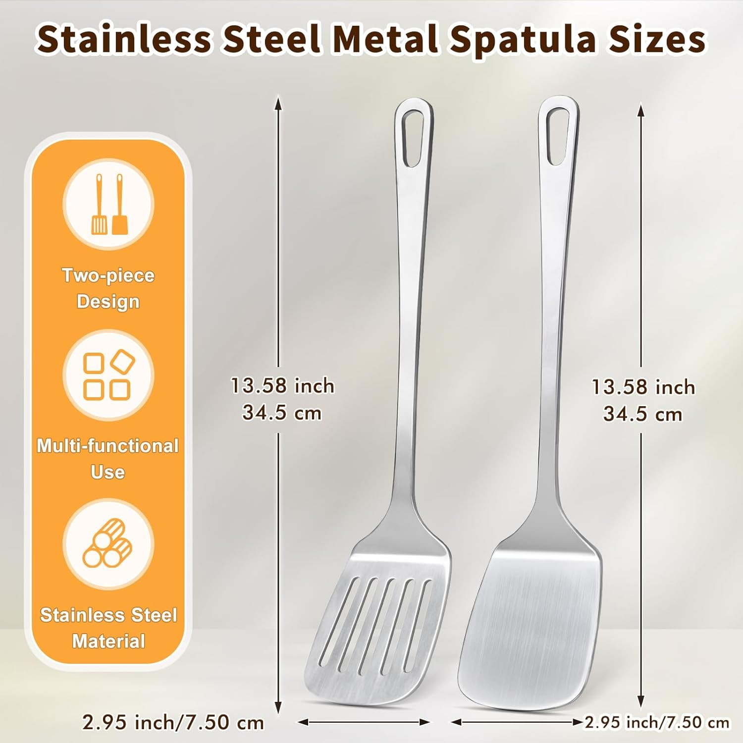 2-Pack Stainless Steel Spatulas Set - Solid & Slotted Turner - Heavy Duty 18/10 Kitchen Spatula for High Heat Cooking (Fish/Pancakes/Eggs) - Dishwashe
