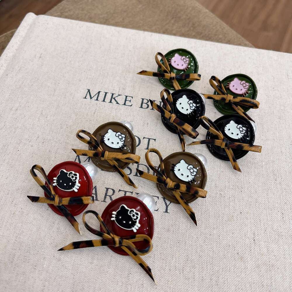 Autumn Winter New Round Cat Leopard Print Bow Fashion Sweet Cute Korean Style High-end Earrings for Women 281