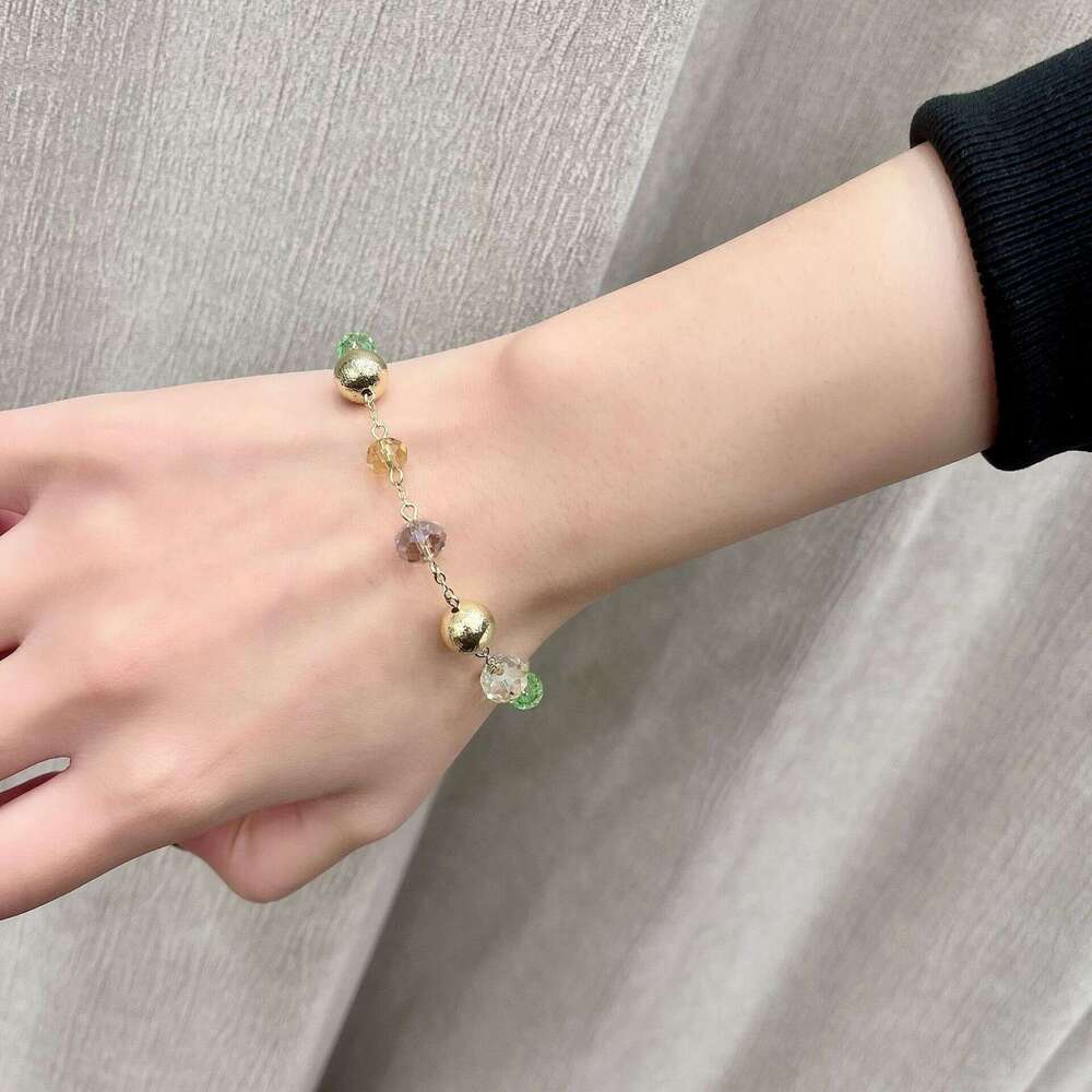 Geometric Smooth Metal Round Bracelet with Beaded Chain, Brushed Bead Bracelet, Gold Color, Light , Niche, High-End Fashion 6c6