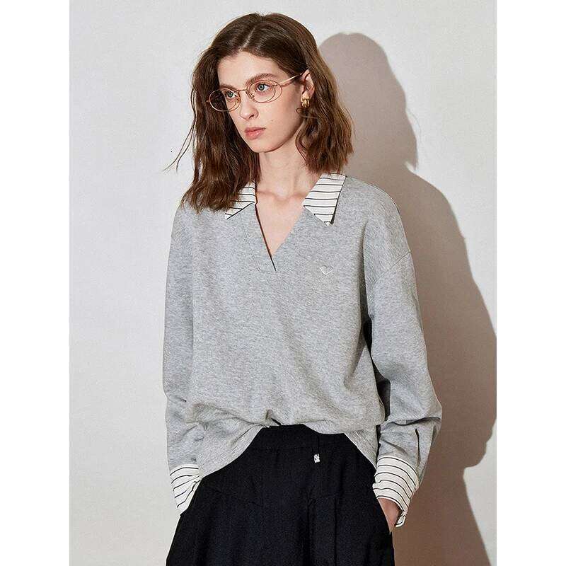TOYOUTH Women Hoodies Sweatshirt 2025 Spring New V Neck Contrasting Color Splicing Fake Two Piece Pullover Tops 250728