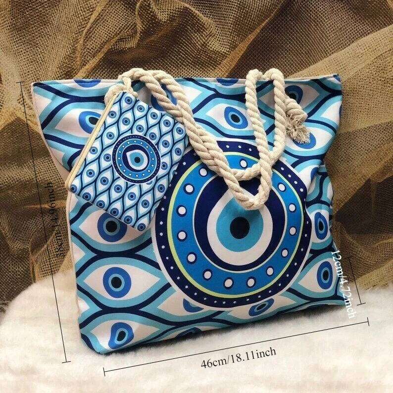 1Pcs Evil Eye Women's Beach Polyester Large Capacity Tote Shoulder Customizable Seaside Travel Bag