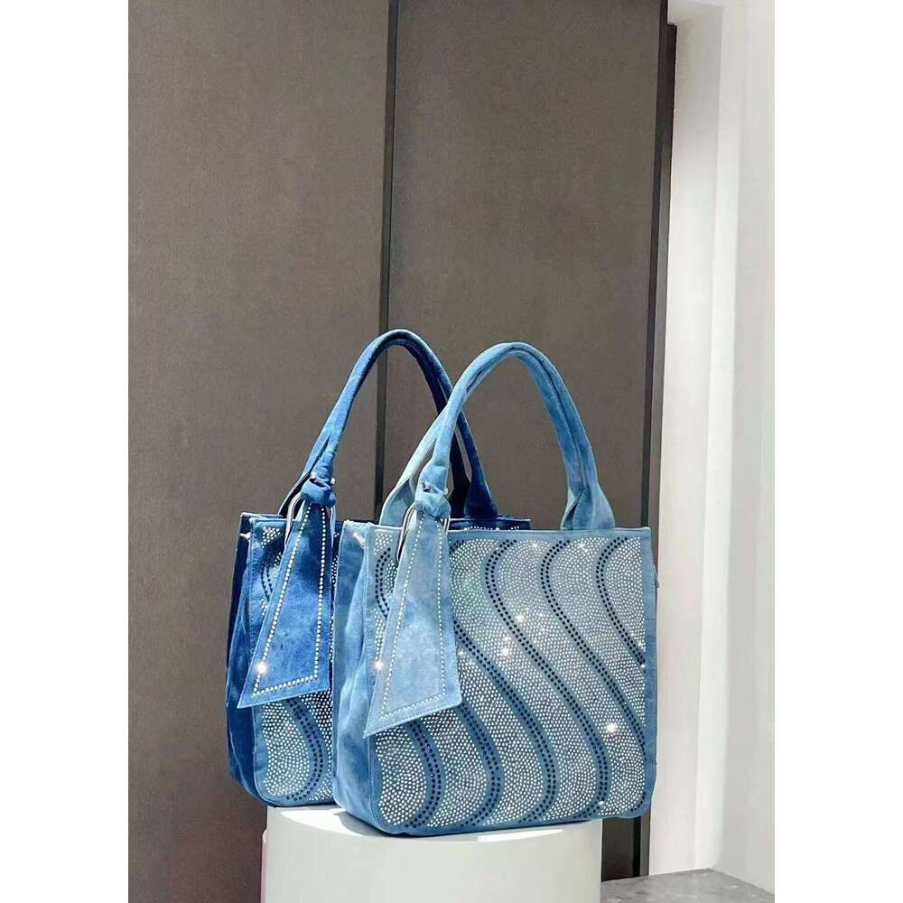 New Vintage Denim Jeans for Women Handbags Zipper Shine Rivets S Rhinestone Purse Woman Totes Female Shoulder Bag