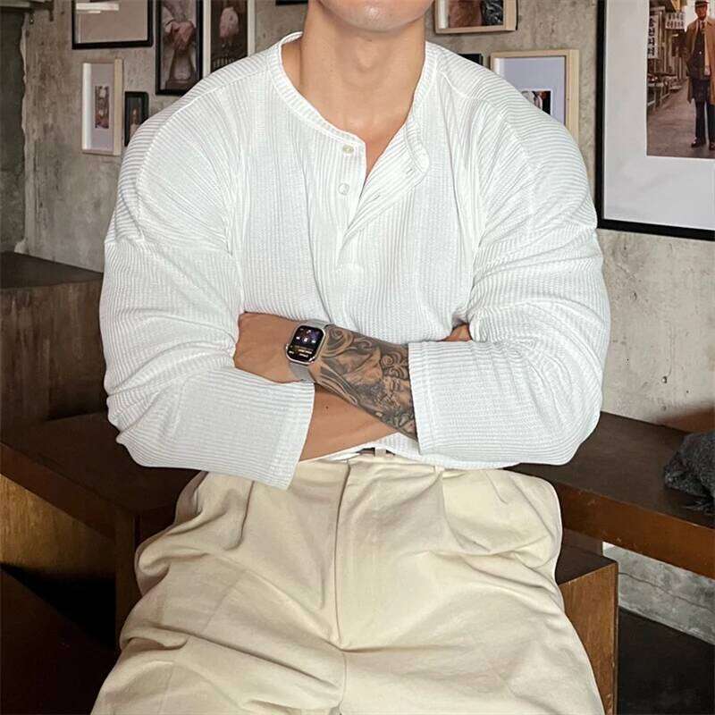 Loose Fit Long Sve Henry Collar T-irt Men's Autumn Winter plus Size 300 Pou Street Sle Slimming Base irt Top