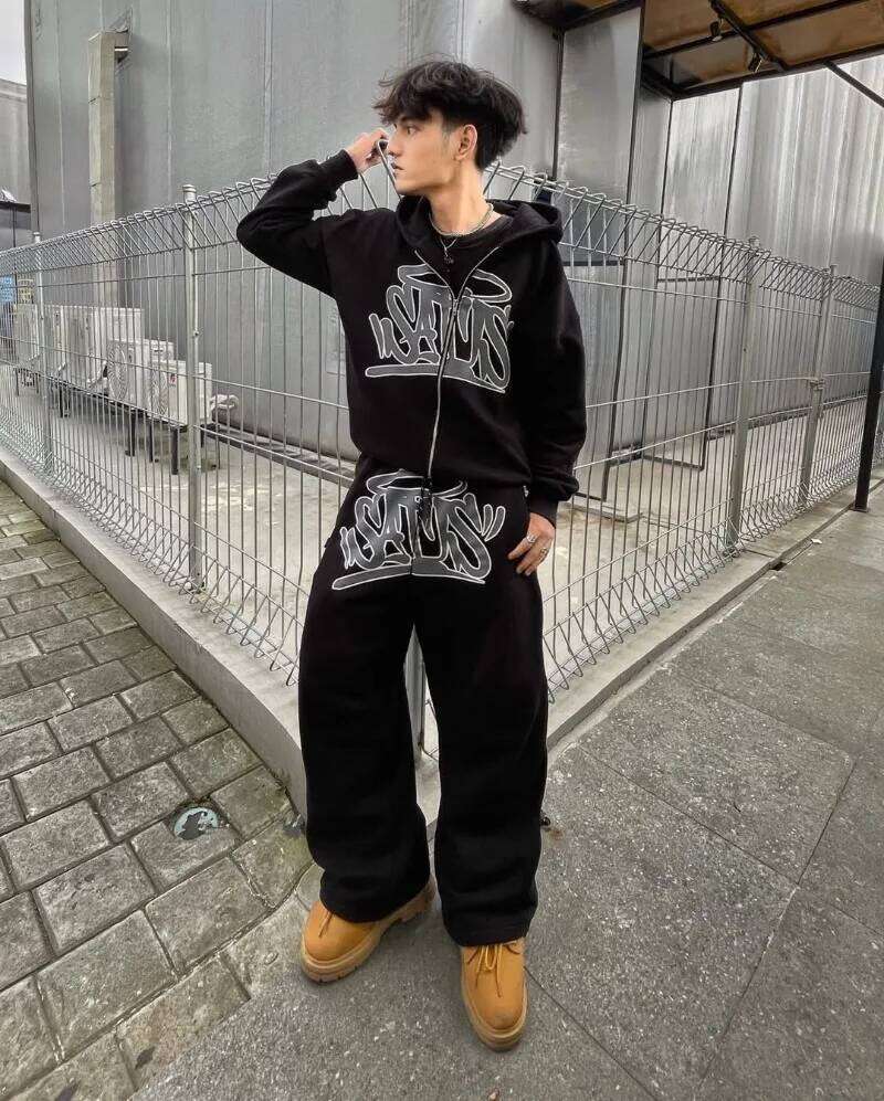 Y2k American Haruku Set Streetwear Men Clothing Retro Zipper Hoodie Hip Hop Trendy Printed Casual Couple Sportswear Pants