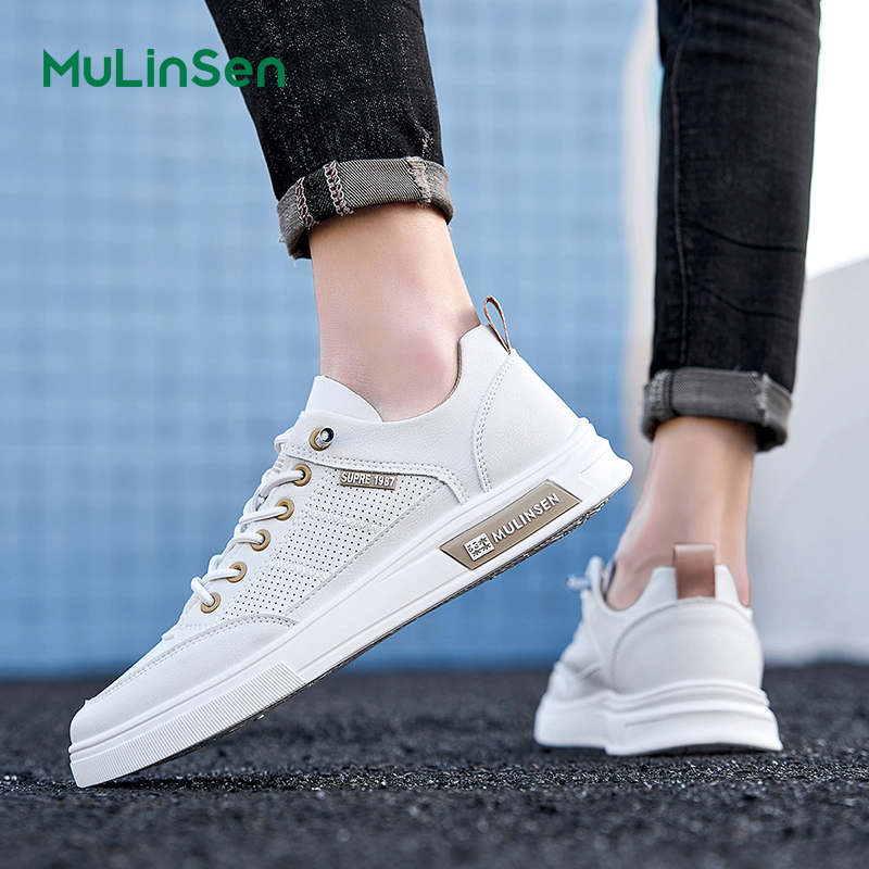 Mulinsen men's shoes spring and summer 2025 all-match youth breathable sports punched casual sneakers flat bottom non-slip wear-resistant white s