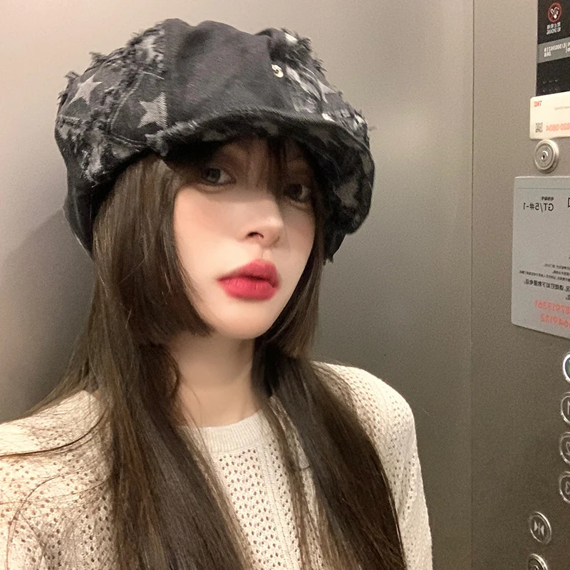 Y2k Rough Edge Star n Denim Berets Caps Showing Face Small Spring and Autumn Ins Korean Niche Retro Womens Hats 250729