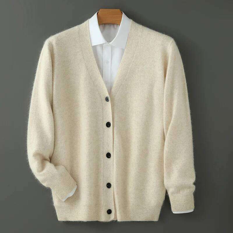 Autumn Winter New 100% Mink Cashmere Cardigan Men's V-Neck Tops Knitted Sweater Loose Large Long Sleeved Shirt Thickening Jacket MDNG