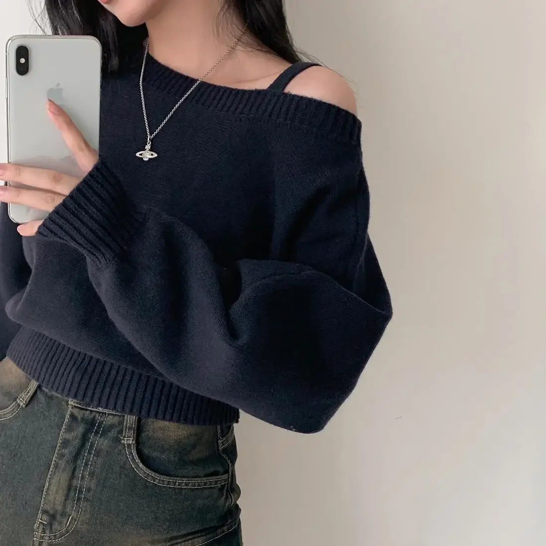 Korean Chic Off-The-Shoulder Tank Batwing Sleeve Knitted Top Sweater Polo Collar Sleeveless Knitted Pullover China Mainland Origin 250723