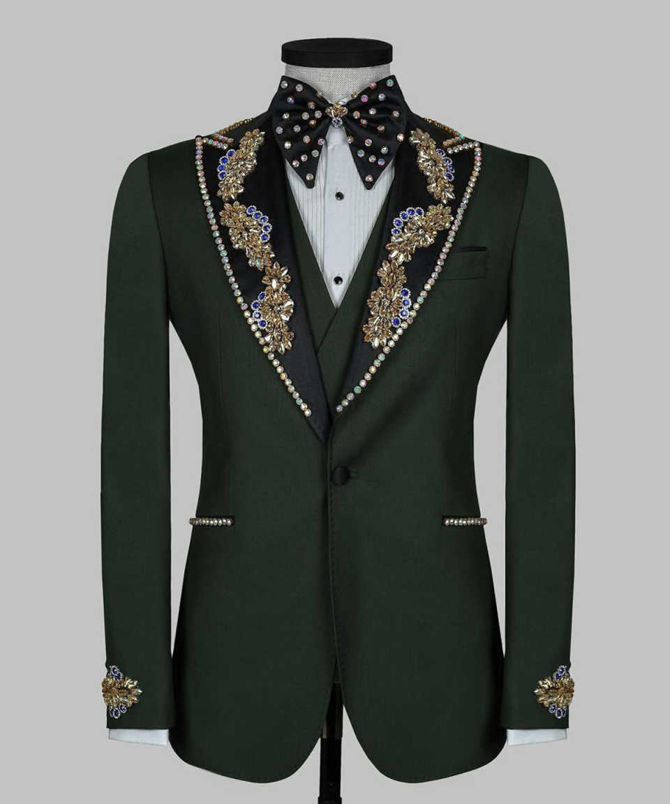 Luxurious Men Suits 2 Piecs Blazers Pants Single Breasted Beads Diamond For Wedding Groom Tuxedos Customized