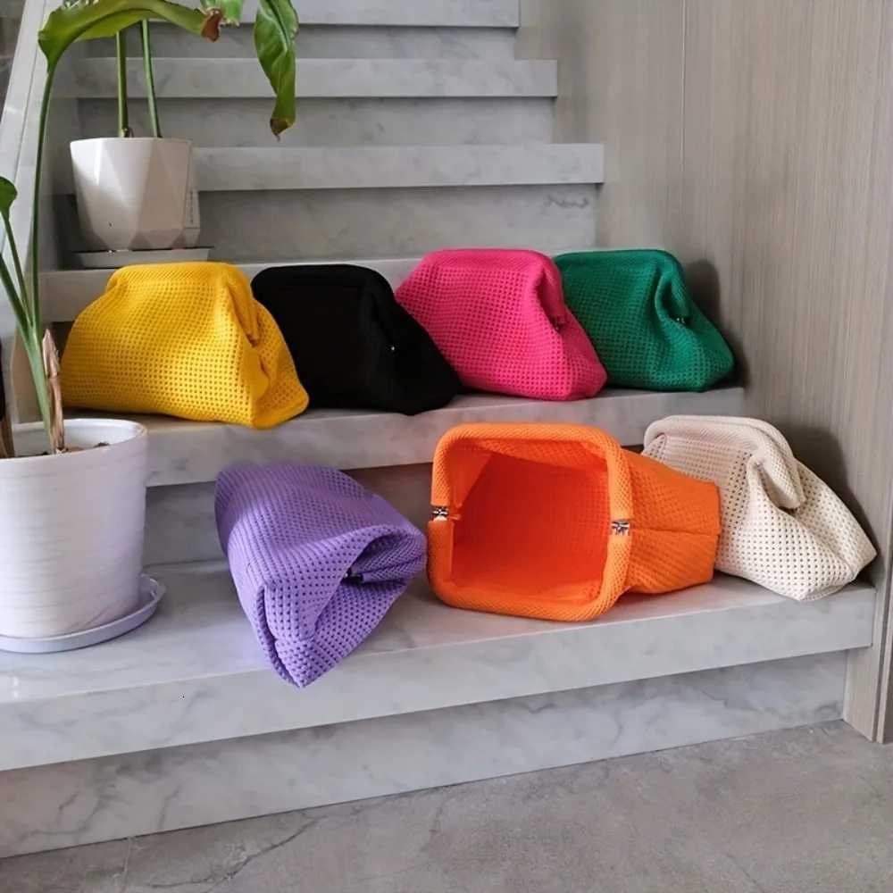 Solid Color Women Beach Clutch Bag Large Capacity Hollow Out Banquet Bag Soft Elastic Dumpling Purse Summer Crochet Handbag Y250729
