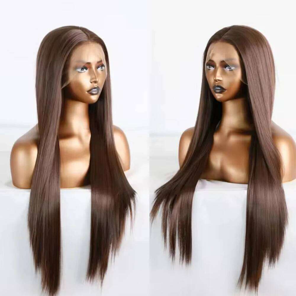 Dark Synthetic Lace Frong Silk Straight Hair Glueless For Women Human Hair Long Women's Wigs Cosplay Chocolate Brown Wig