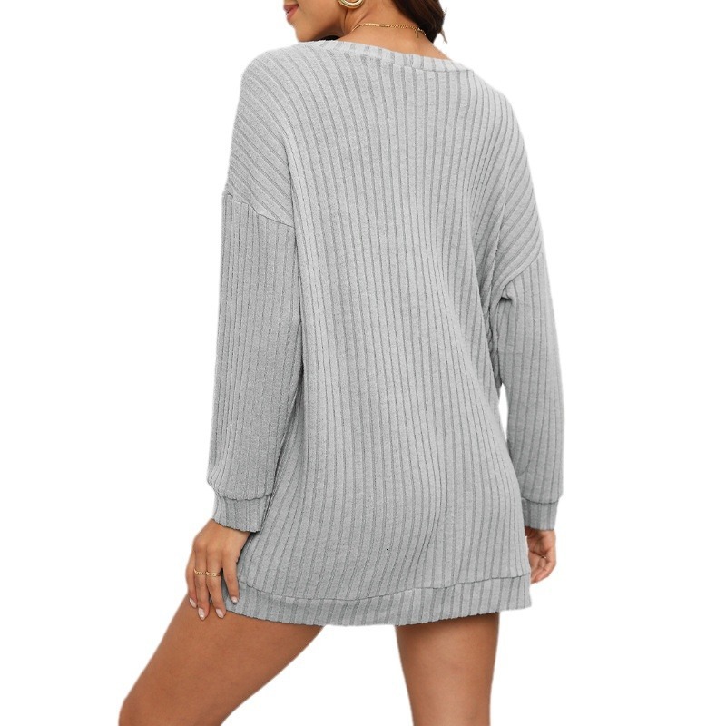 F1323 New Womens Solid Color Ribbed Cardigan Long Sleeve Fashion Casual Three-Piece Set