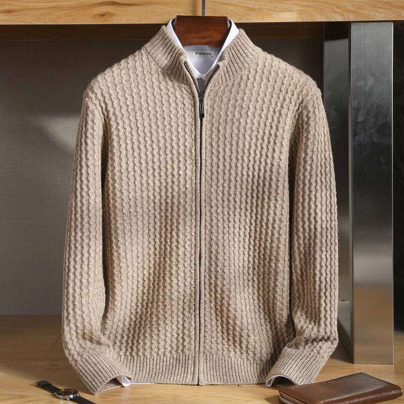 Men's Zipper Mock Collar Thickening Cardigan 100% Merino Wool Flower Yarn Sweater Cashmere Knitwear Autumn Winter Coat Tops MDNG