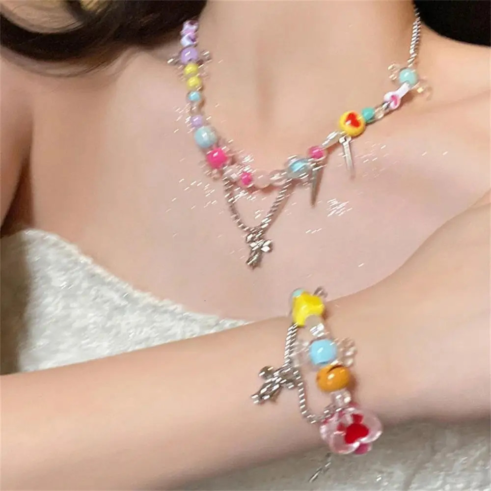 Y2k Rainbow Candy Beaded Choker Necklace Women Boho Beads Cherry Pendant Necklaces Vintage Irregular Girl Necklace Jewelry Gifts 250729