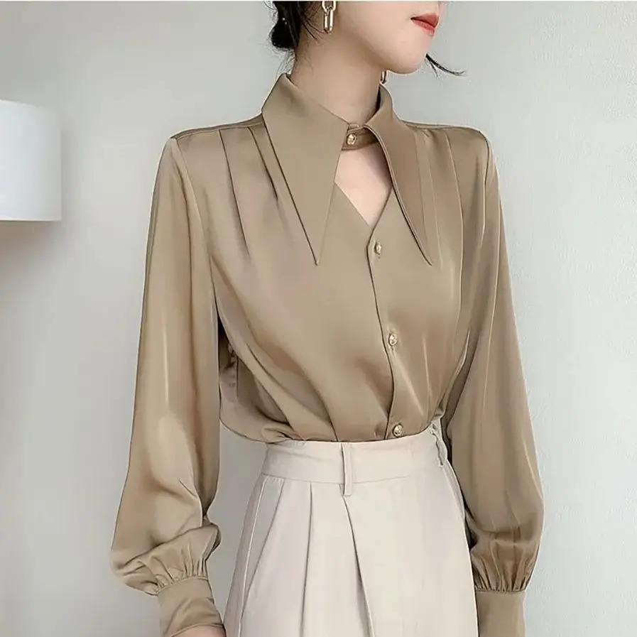 Womens Satin Shirt Spring Autumn Korean Temperament Longsleeved Buttondown Shirts Office Lady Work Wear Female Blouses Top 250724