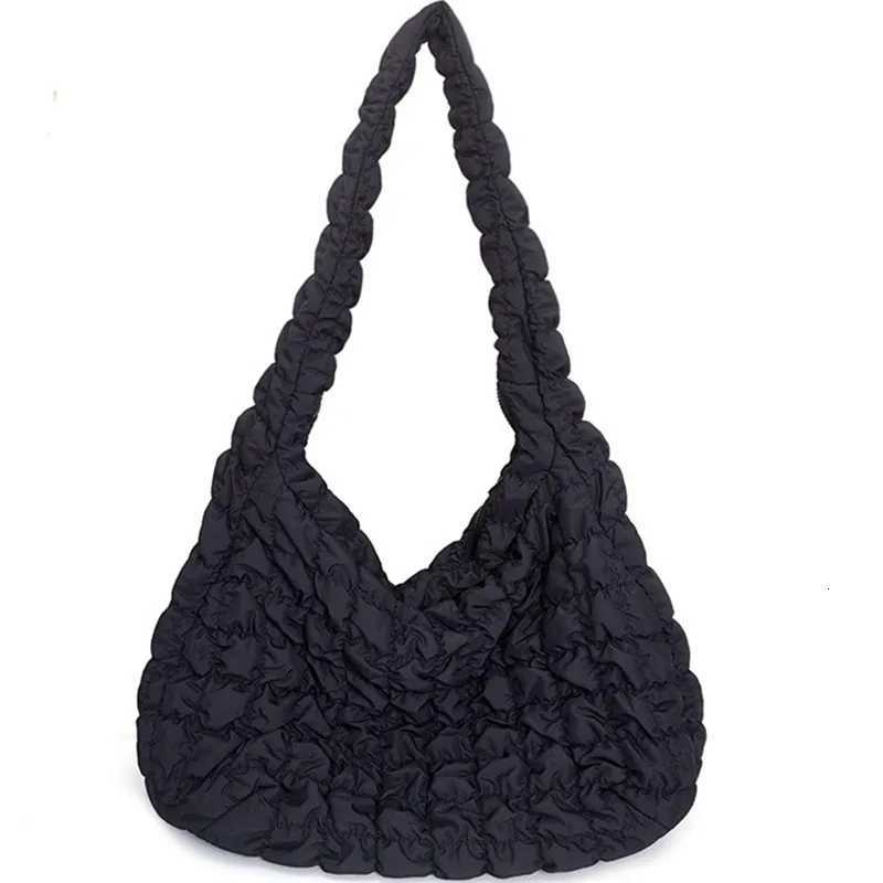Women Bag Pleated Handbag Large Capacity Down Bag Big Shoulder Female Solid Color Space Cotton Padded Dumpling Shopping Bag 2024 Y250729