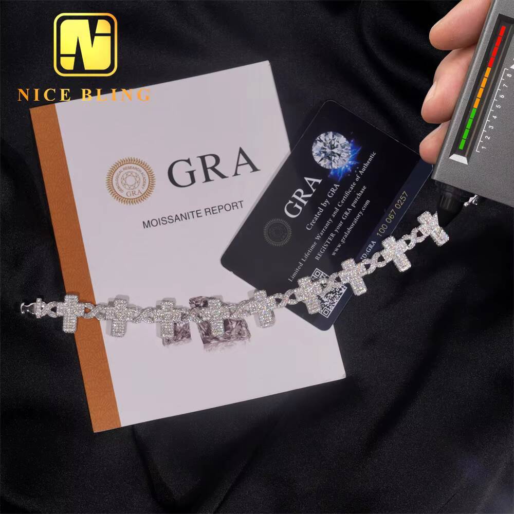 Hot Selling Pass Diamond Tester 925 Sterling Silver Moissanite Cross Cuban Link Chain Mens Cuban Bracelet