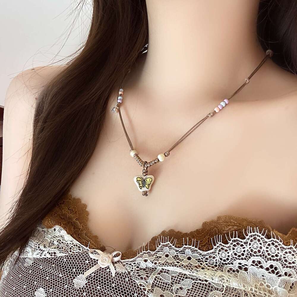 Cartoon Ins Oil Drop Cute Ceramic Puppy Butterfly Braided Rope Long Necklace for Women Unique and Adorable Pendant abc