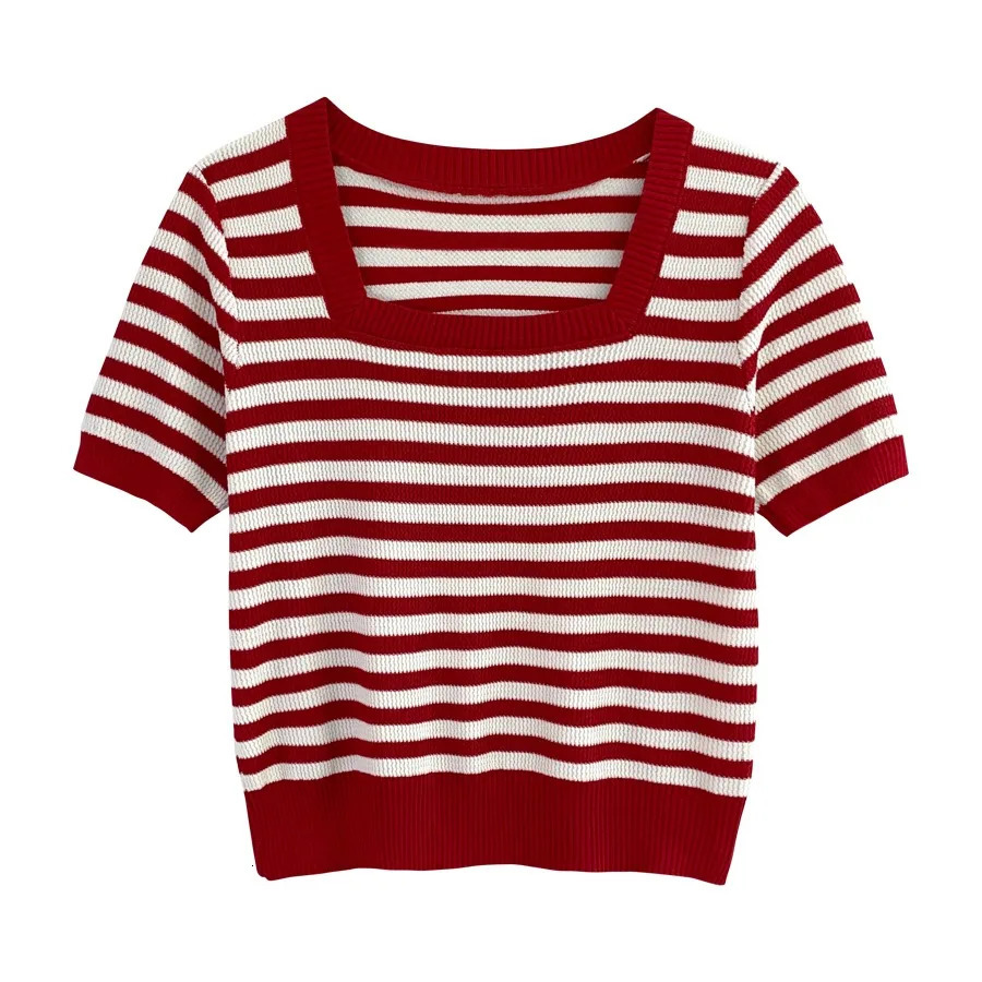 Summer Short Sleeve Striped TShirt Women Knitted Shirts Pullover Tops Female Elastic Casual Knit Tee Womens TShirts Crop Tops 250724