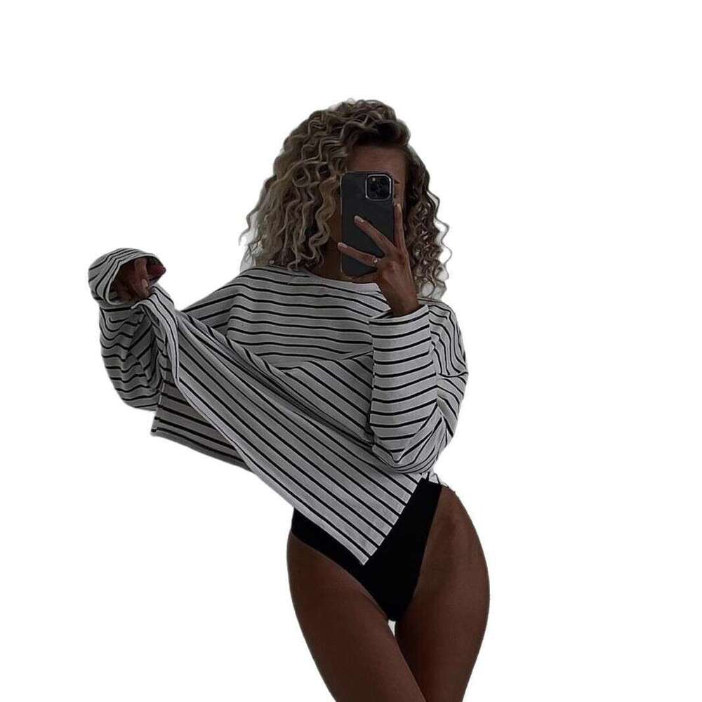 Spring Summer New Striped T-Shirt For Women Simple Casual Loose Slim Pullover Long Sleeve Top B5