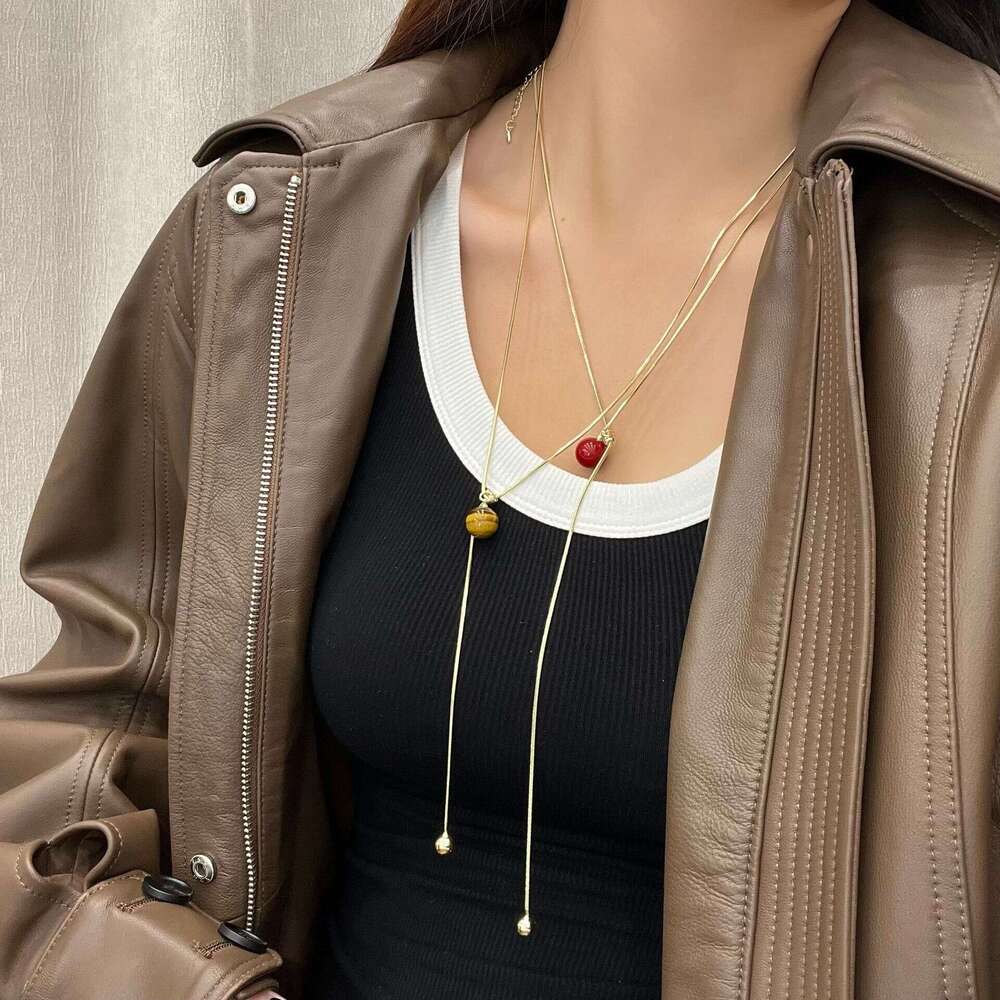 Milad Tiger Eye Stone Tassel Necklace for Women, Autumn and Winter High-End Fashion Sweatshirt Chain, Niche Design Sweater Chain e5f