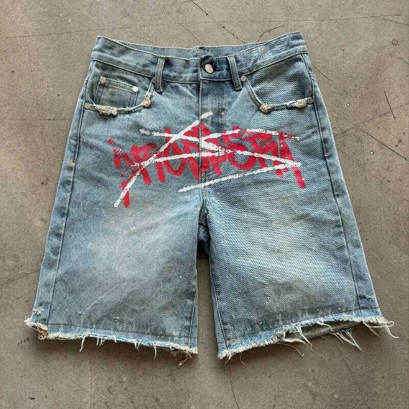 Y2k Graffiti Jorts Rhinestone Distressed Printed Denim Shorts Men Women Trend Retro Hip Hop Streetwear Unisex Baggy Short Pants