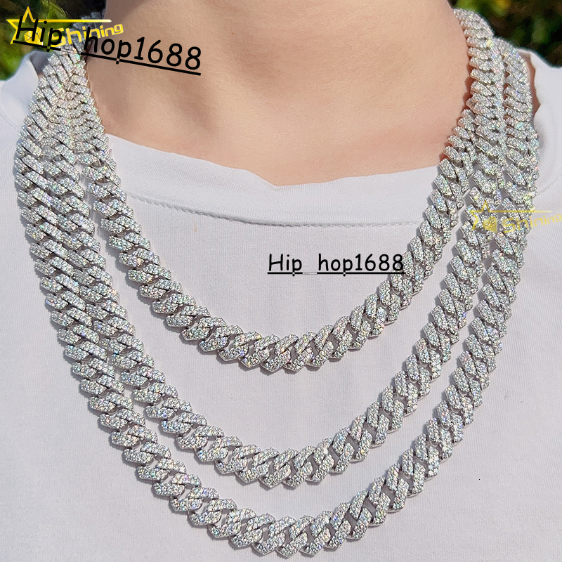 Wholesale Price Ice Out Hip Hop Men Cuban Necklace 10MM 2Rows 925 Sterling Silver Moissanite Miami Cuban Link Chain