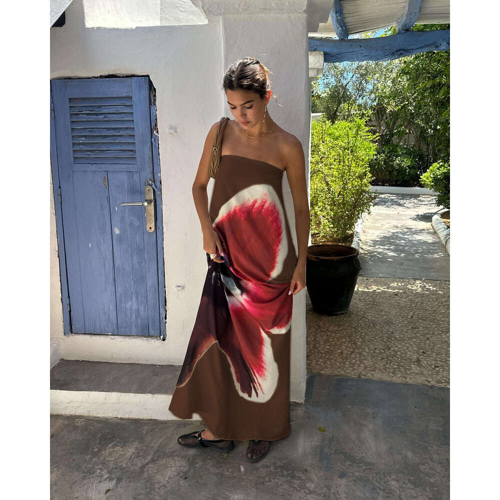 Yds271 Women's Summer New Color-Block Sleeveless Sexy Printed Tube Top Long Dress B5