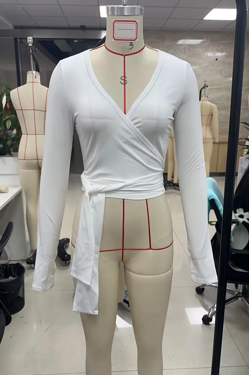 Women Sexy Wrap Crop Tops Tees Long Sleeve Deep V Neck Tie Workout Ballet Pilates Yoga TShirts with Thumb Holes Cropped Tops 250729